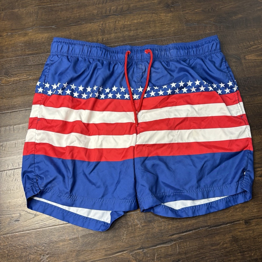 George Mens American Flag Swim Trunks Sz‎ XL 40-42 Bathing Suit Mesh USA RWB